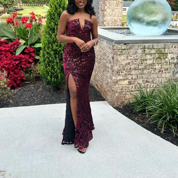 Dress the Population Black Floral Strapless Gown XS Bustier Sequin Designer $400 - Picture 7 of 13